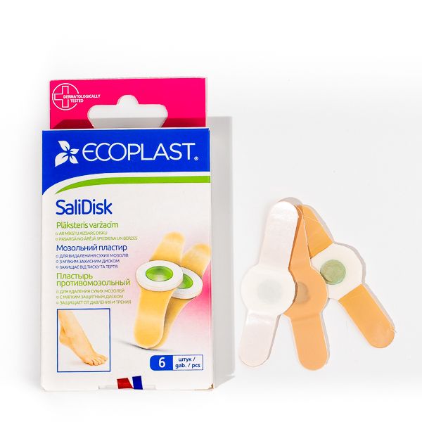 Ecoplast SaliDisk Пластырь противомозольный для удаления сухих мозолей, 19х72 мм, пластырь, 6 шт.