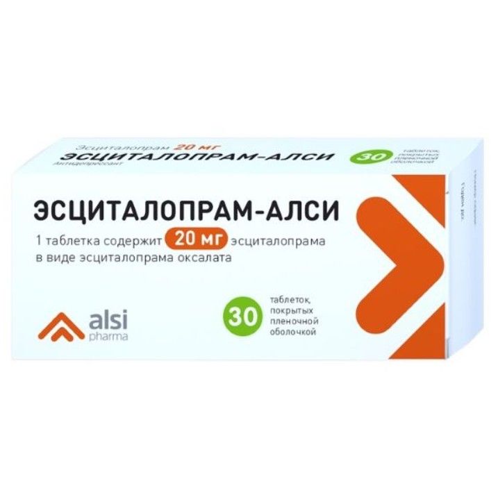 фото упаковки Эсциталопрам-Алси, 20 мг, таблетки, покрытые пленочной оболочкой, 30 шт. фото упаковки Эсциталопрам-Алси