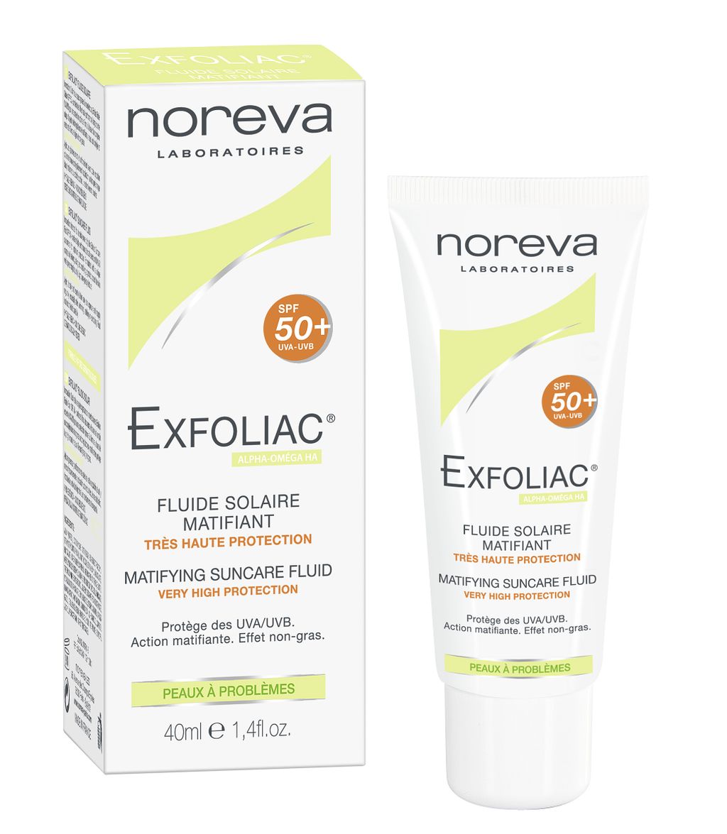 фото упаковки Noreva Exfoliac Матирующая солнцезащитная эмульсия SPF50+