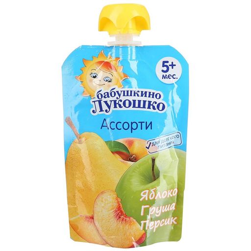Бабушкино Лукошко Пюре яблоко груша персик, пюре, 90 г, 1 шт.