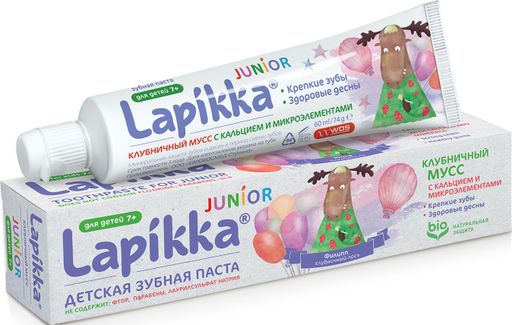 Lapikka Junior Зубная паста Клубничный мусс с кальцием и микроэлементами, без фтора, паста зубная, 74 г, 1 шт.